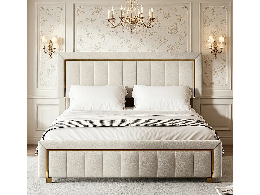 Lit hydraulique - 140 x 190 cm - Garniture en métal doré avec espace de rangement et cadre à lames - Velvet - Beige