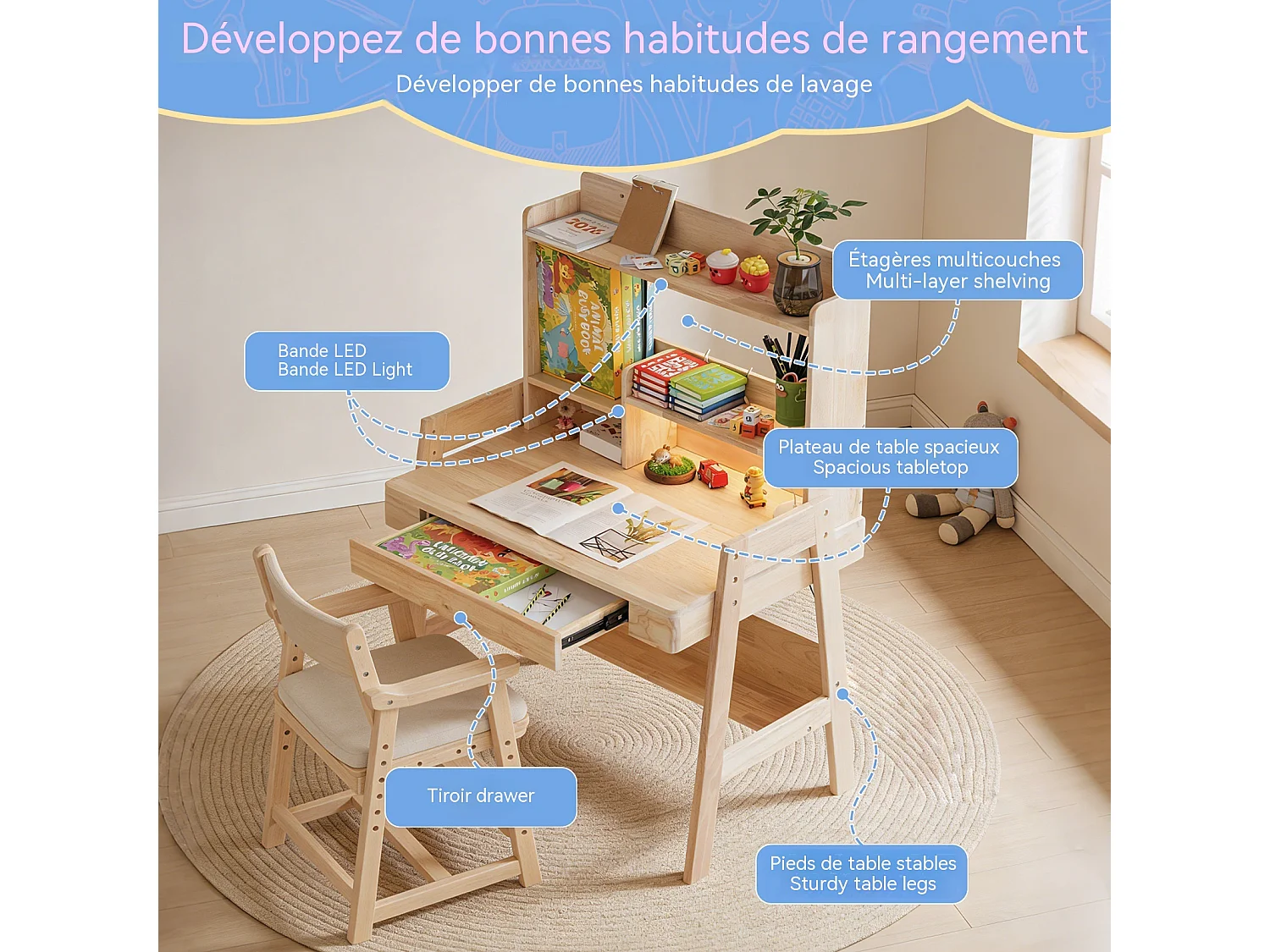 Table pour enfants, hauteur réglable, fabriquée en bois massif, adaptée aux enfants à partir de 6 ans.