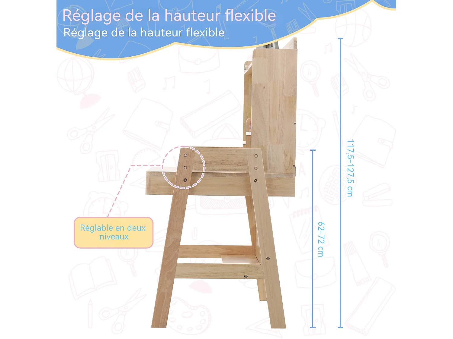 Table pour enfants, hauteur réglable, fabriquée en bois massif, adaptée aux enfants à partir de 6 ans.