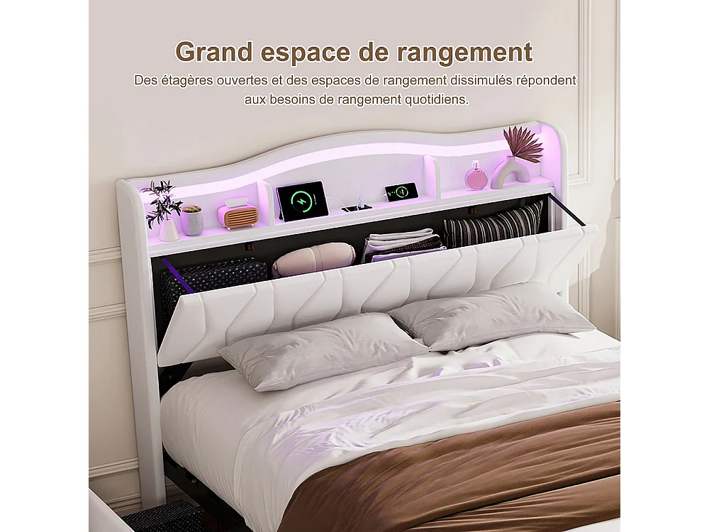 Lit de stockage rembourré - 160 x 200 cm - avec port de charge LED et USB - avec tête de stockage cachée et 4 tiroirs - Velvet - beige
