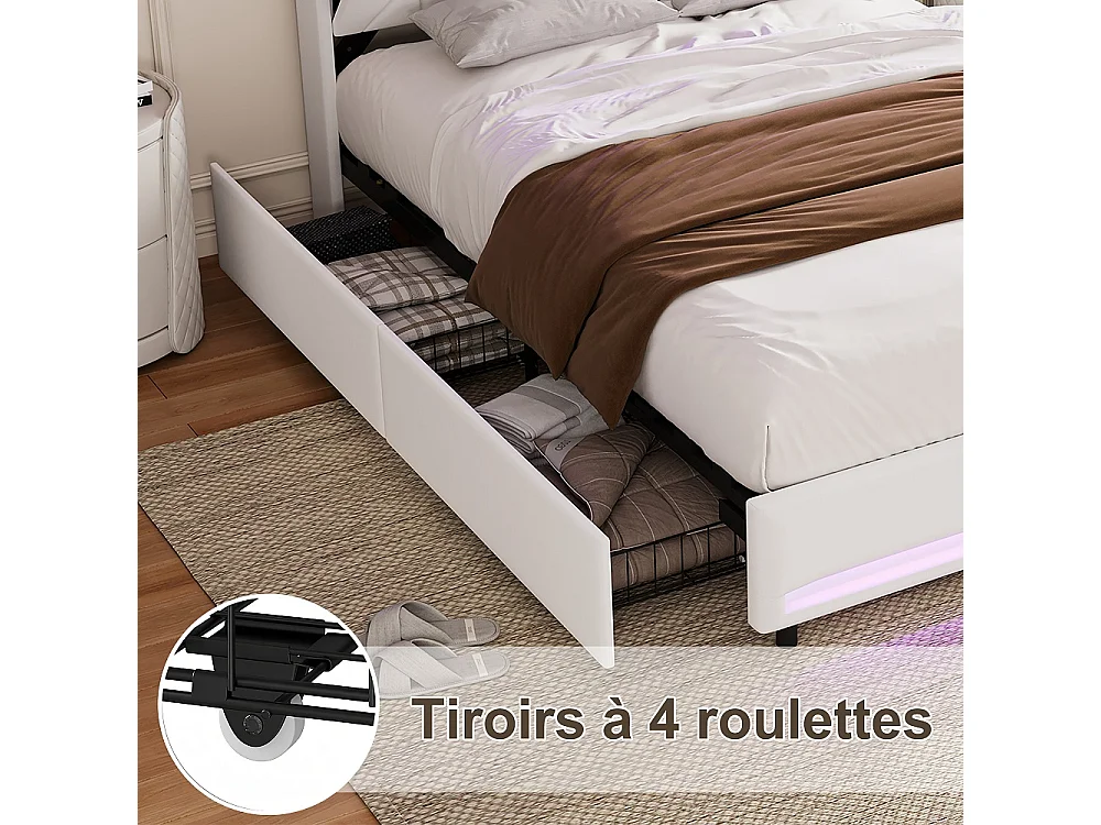 Lit de stockage rembourré - 160 x 200 cm - avec port de charge LED et USB - avec tête de stockage cachée et 4 tiroirs - Velvet - beige