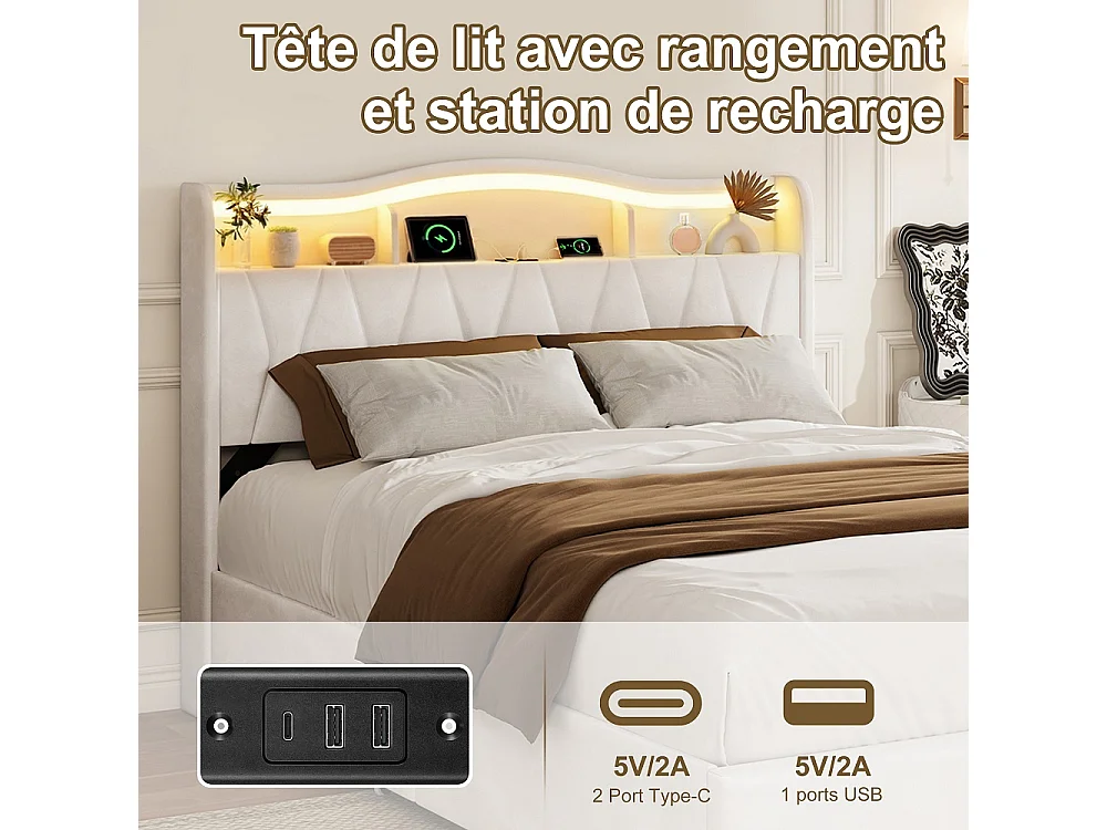 Lit de stockage rembourré - 160 x 200 cm - avec port de charge LED et USB - avec tête de stockage cachée et 4 tiroirs - Velvet - beige