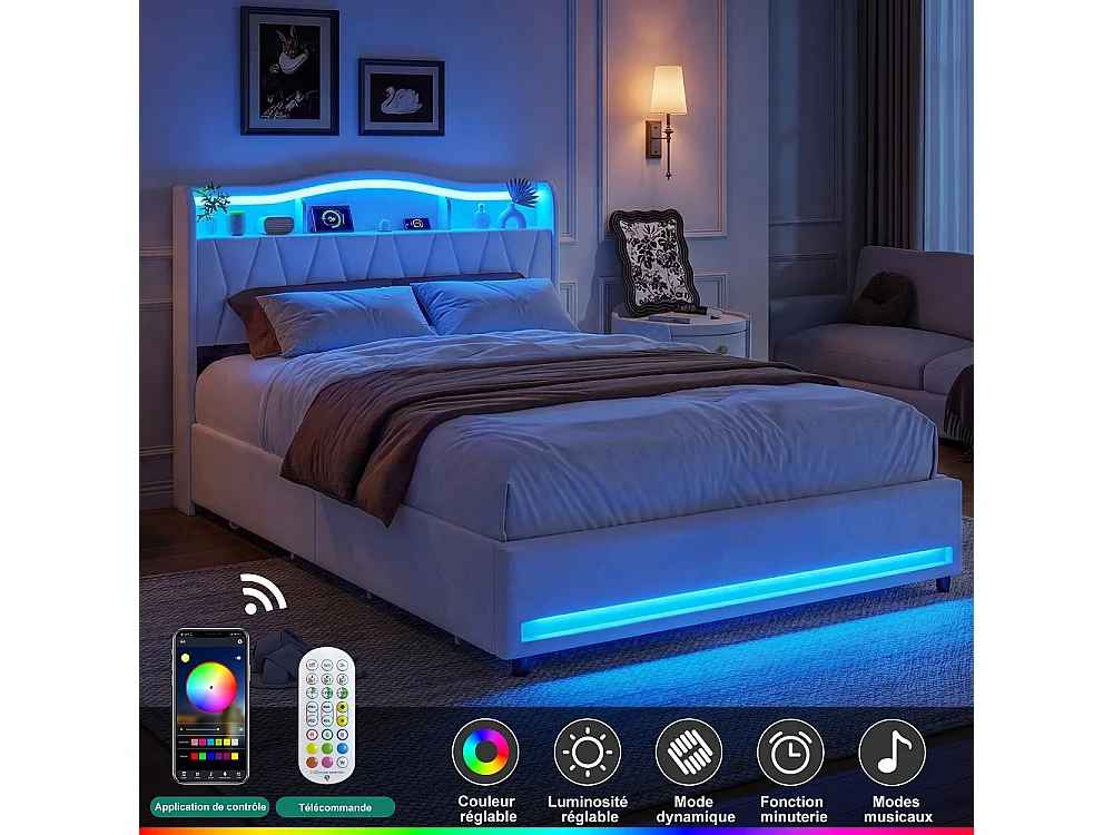 Lit de stockage rembourré - 160 x 200 cm - avec port de charge LED et USB - avec tête de stockage cachée et 4 tiroirs - Velvet - beige