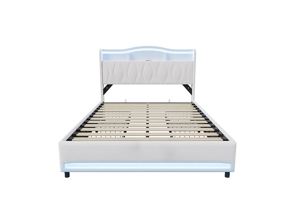 Lit de stockage rembourré - 160 x 200 cm - avec port de charge LED et USB - avec tête de stockage cachée et 4 tiroirs - Velvet - beige