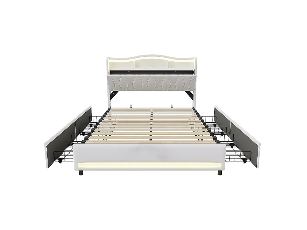 Lit de stockage rembourré - 160 x 200 cm - avec port de charge LED et USB - avec tête de stockage cachée et 4 tiroirs - Velvet - beige