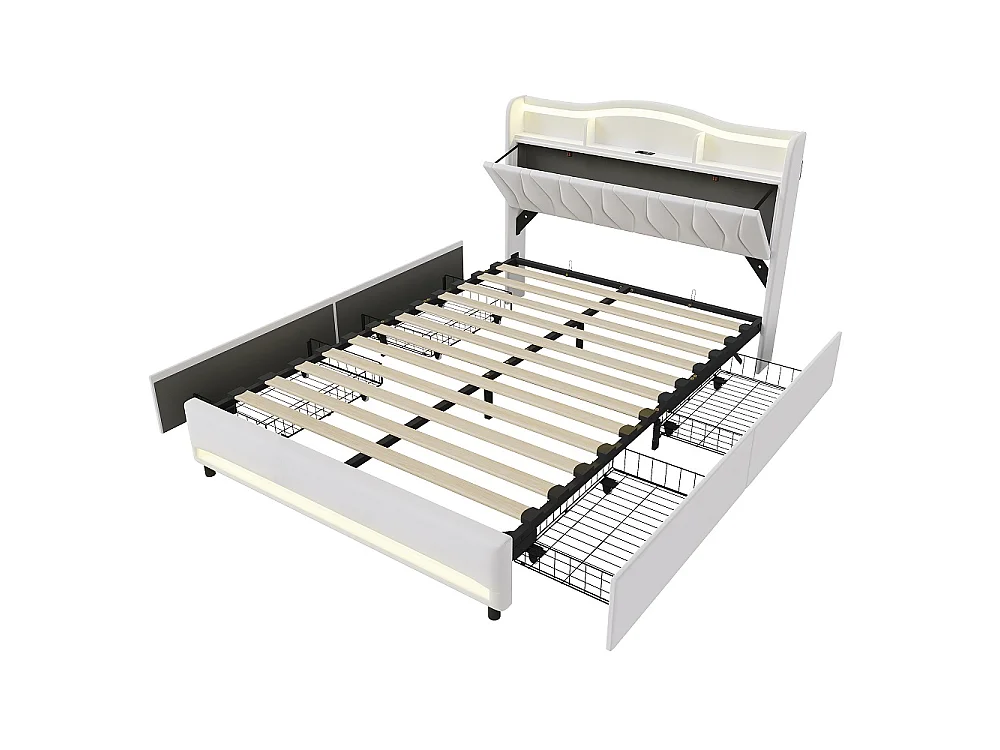 Lit de stockage rembourré - 160 x 200 cm - avec port de charge LED et USB - avec tête de stockage cachée et 4 tiroirs - Velvet - beige