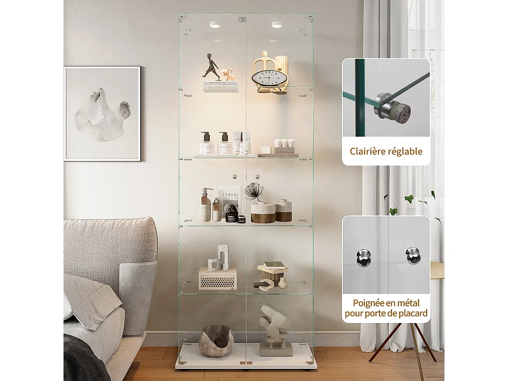 Affichage en verre - 78.5 x 34.5 x 186.5 cm - 5 couches avec éclairage LED et portes doubles - Pat Light - Blanc