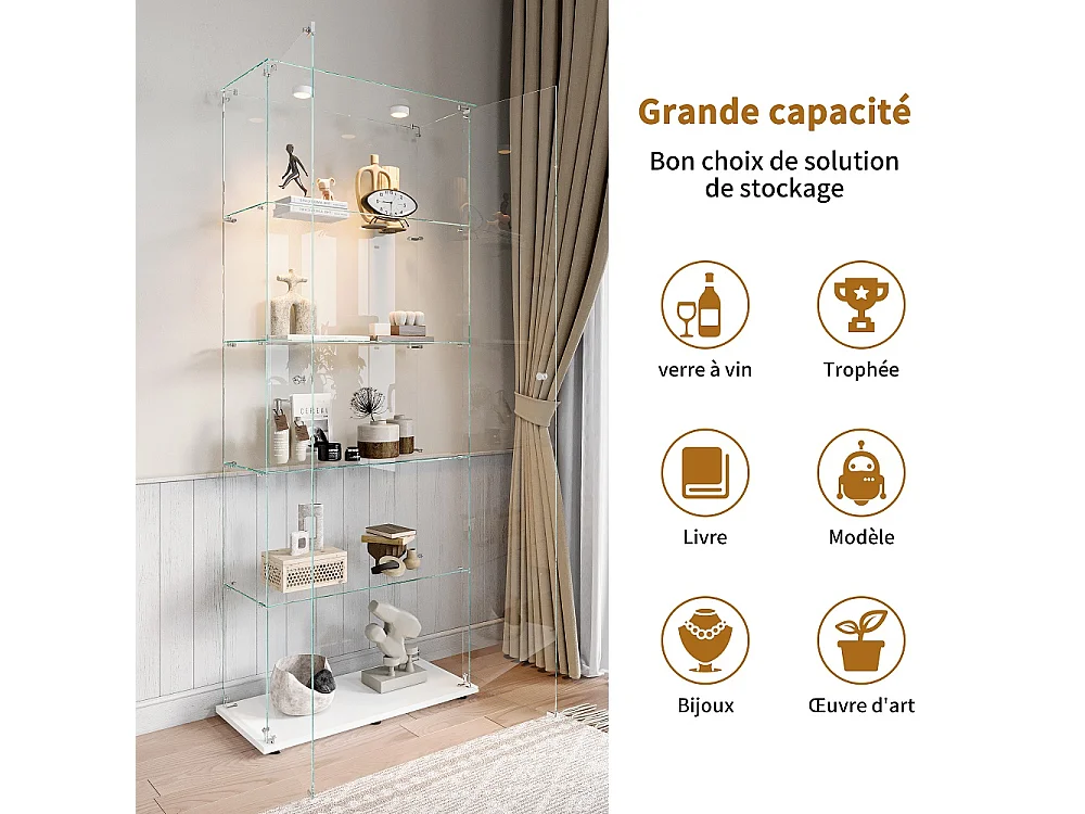 Affichage en verre - 78.5 x 34.5 x 186.5 cm - 5 couches avec éclairage LED et portes doubles - Pat Light - Blanc