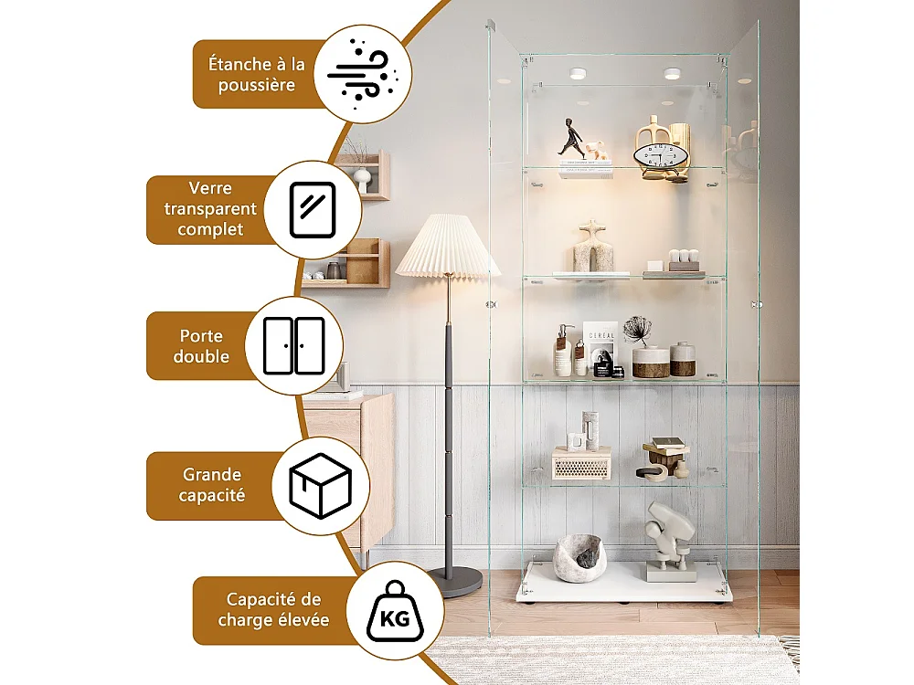 Affichage en verre - 78.5 x 34.5 x 186.5 cm - 5 couches avec éclairage LED et portes doubles - Pat Light - Blanc
