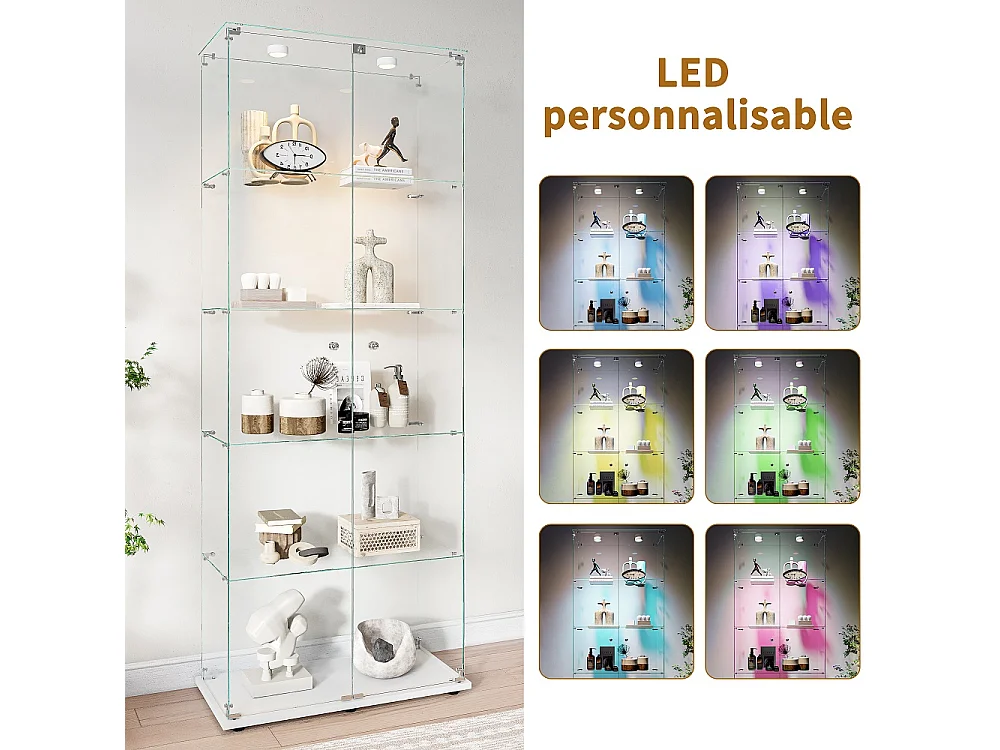Affichage en verre - 78.5 x 34.5 x 186.5 cm - 5 couches avec éclairage LED et portes doubles - Pat Light - Blanc