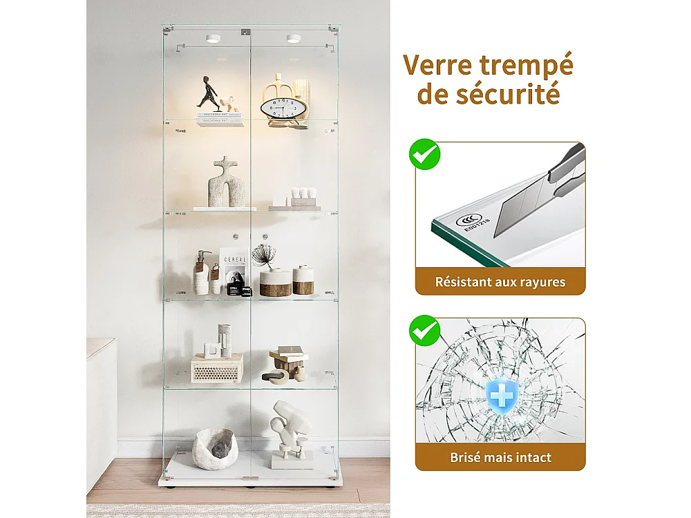 Affichage en verre - 78.5 x 34.5 x 186.5 cm - 5 couches avec éclairage LED et portes doubles - Pat Light - Blanc