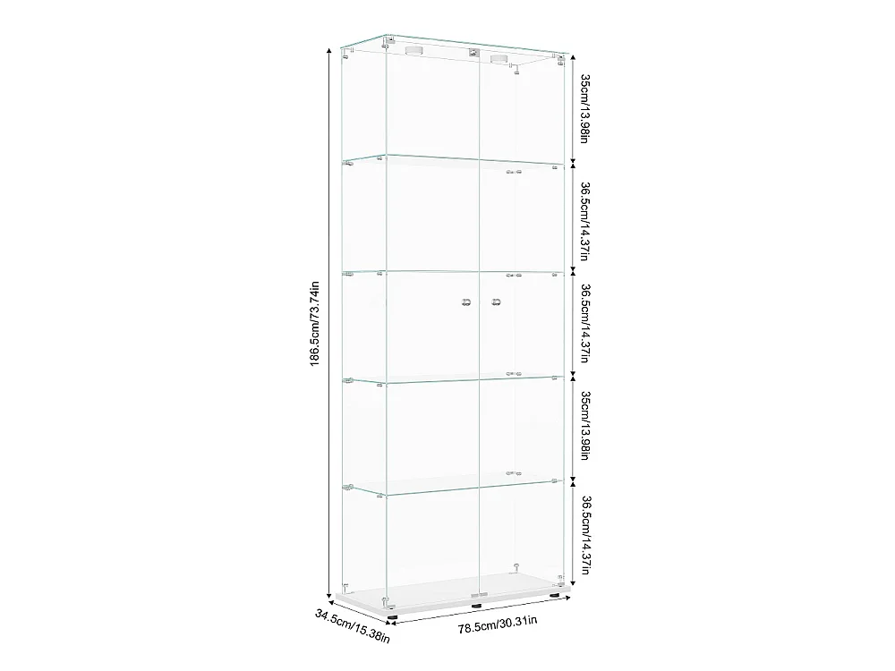 Affichage en verre - 78.5 x 34.5 x 186.5 cm - 5 couches avec éclairage LED et portes doubles - Pat Light - Blanc
