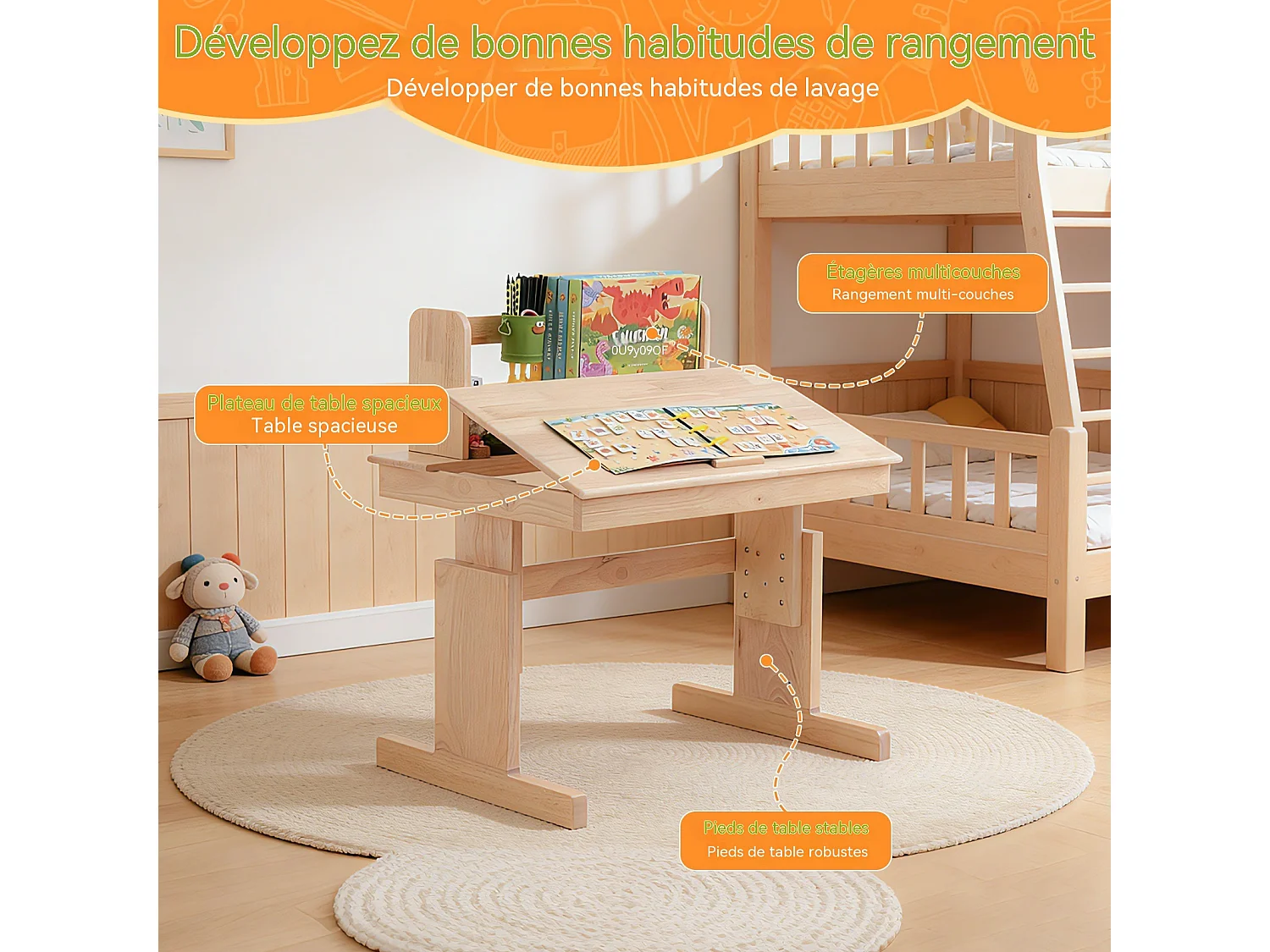 Table pour enfant, hauteur réglable, plateau inclinable, étagère de rangement