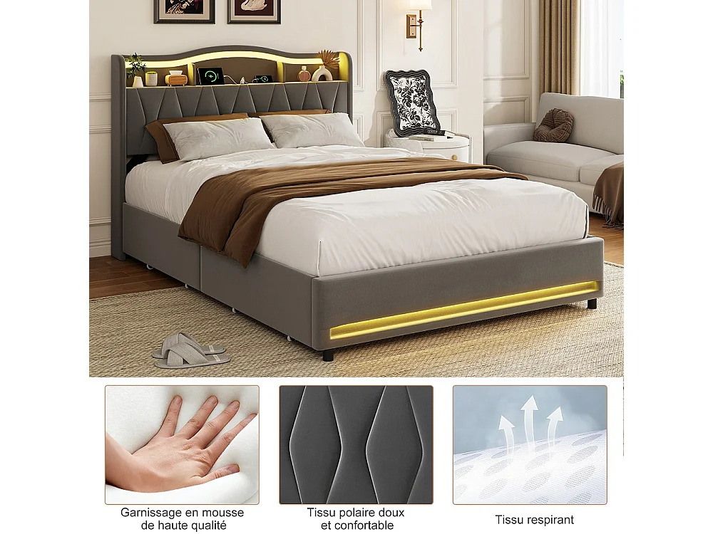 Lit de stockage rembourré - 160 x 200 cm - avec port de charge LED et USB - avec tête de stockage cachée et 4 tiroirs - Velvet - gris
