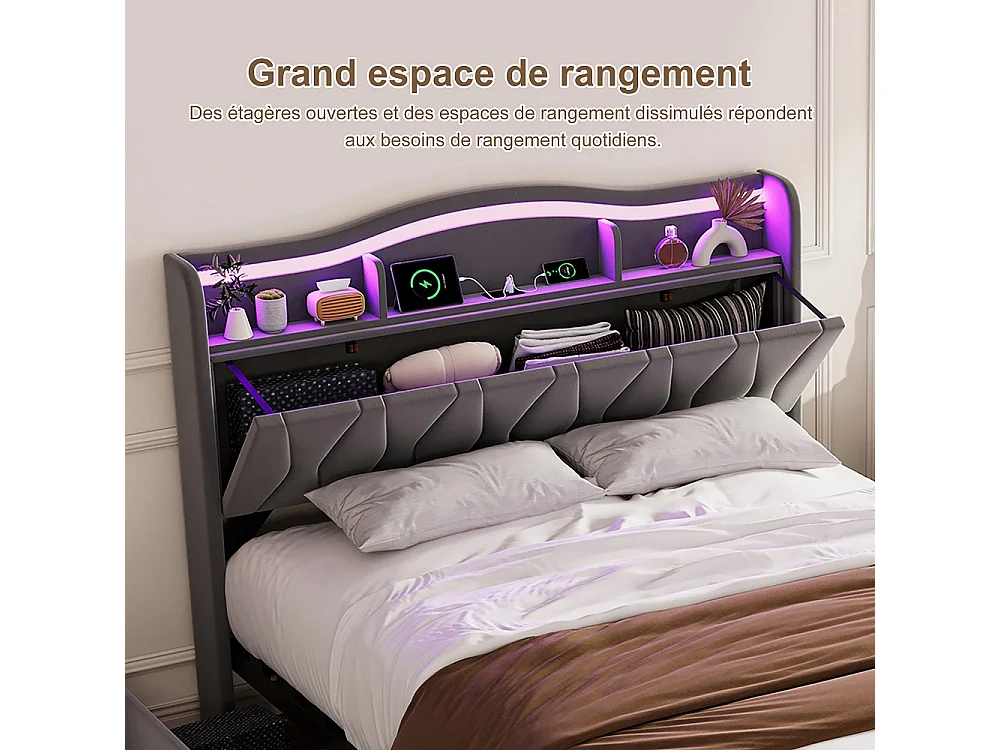 Lit de stockage rembourré - 160 x 200 cm - avec port de charge LED et USB - avec tête de stockage cachée et 4 tiroirs - Velvet - gris
