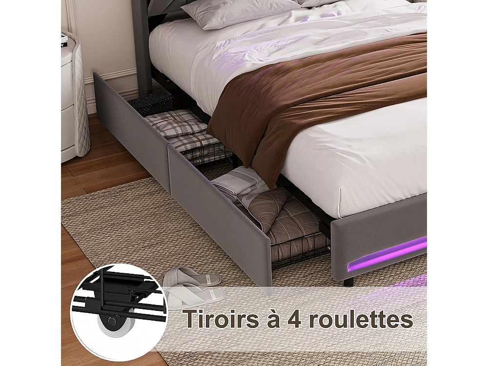 Lit de stockage rembourré - 160 x 200 cm - avec port de charge LED et USB - avec tête de stockage cachée et 4 tiroirs - Velvet - gris