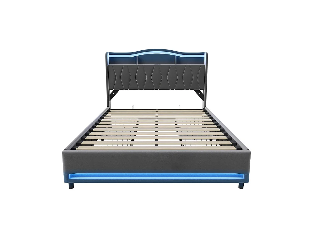 Lit de stockage rembourré - 160 x 200 cm - avec port de charge LED et USB - avec tête de stockage cachée et 4 tiroirs - Velvet - gris