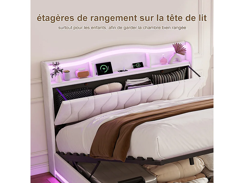 Lit de stockage hydraulique - 160 x 200 cm - Tête de stockage en forme d'onde - avec station de charge LED - Tissu velours - beige