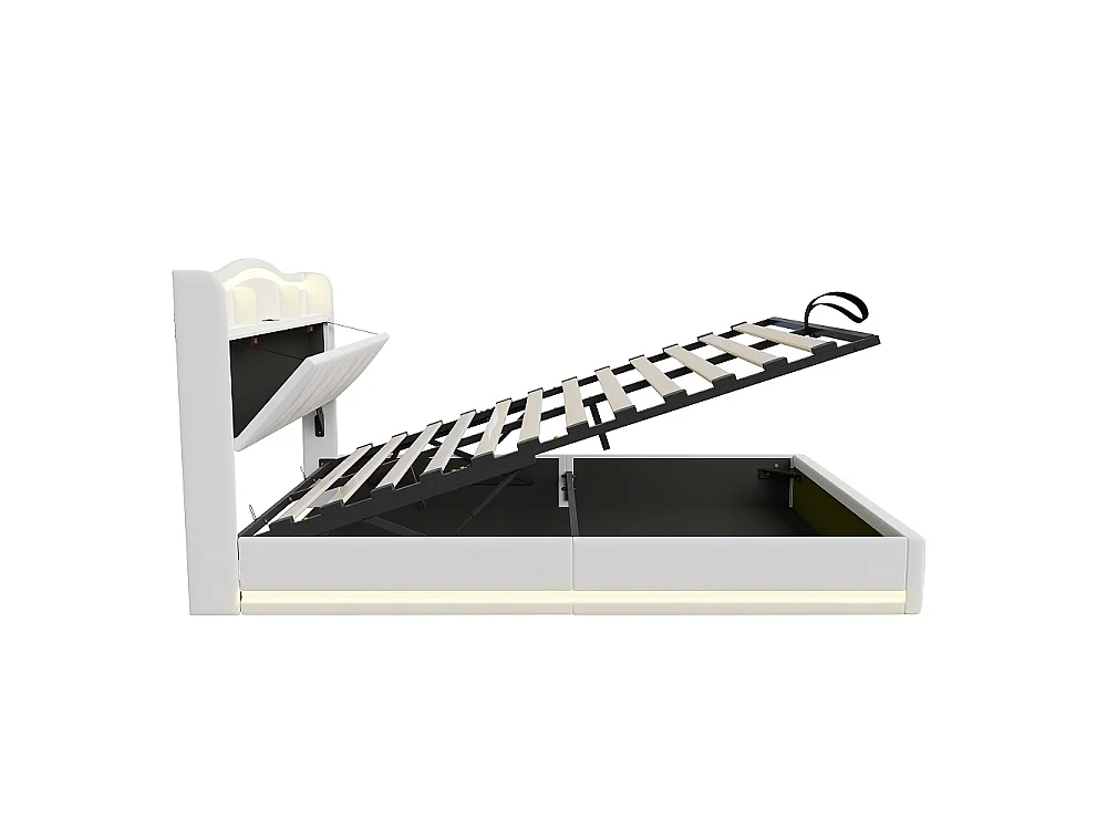 Lit de stockage hydraulique - 160 x 200 cm - Tête de stockage en forme d'onde - avec station de charge LED - Tissu velours - beige