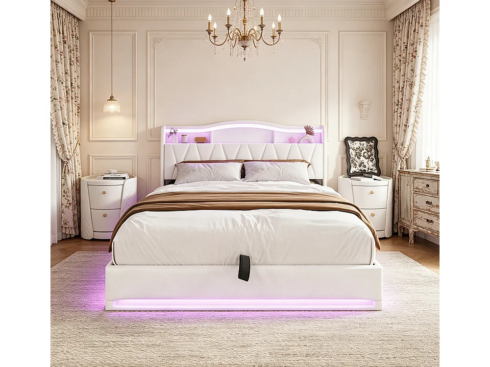 Lit de stockage hydraulique - 160 x 200 cm - Tête de stockage en forme d'onde - avec station de charge LED - Tissu velours - beige