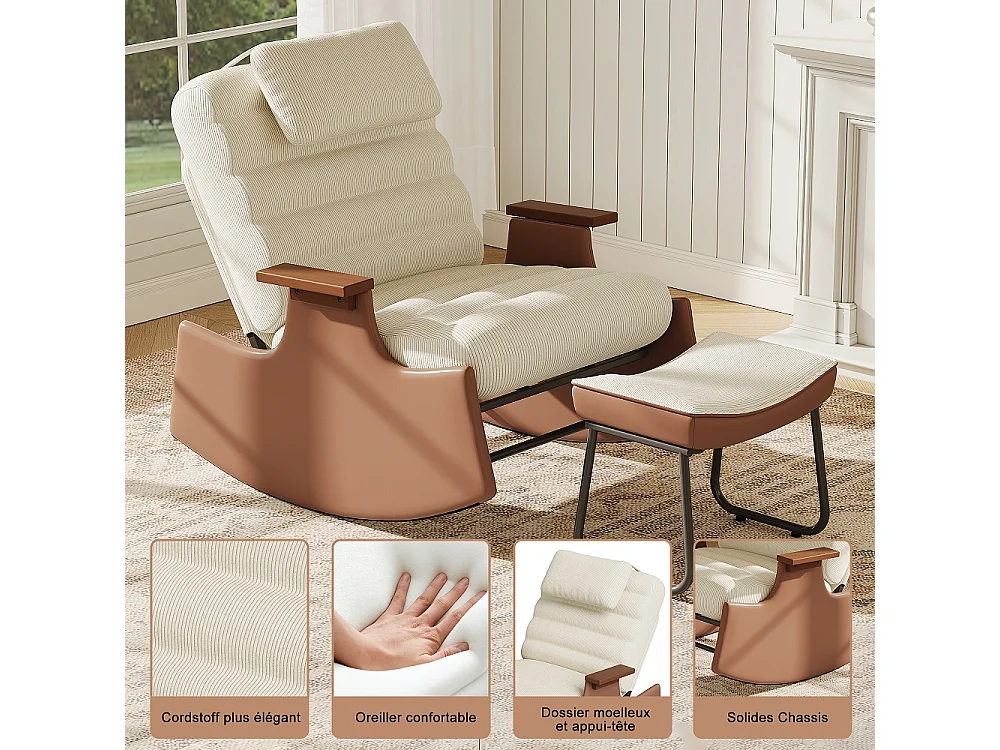 Chaise à bascule Mid-Century - avec appuie-pieds ottoman - dossier inclinable à 3 positions réglable - Corduroy