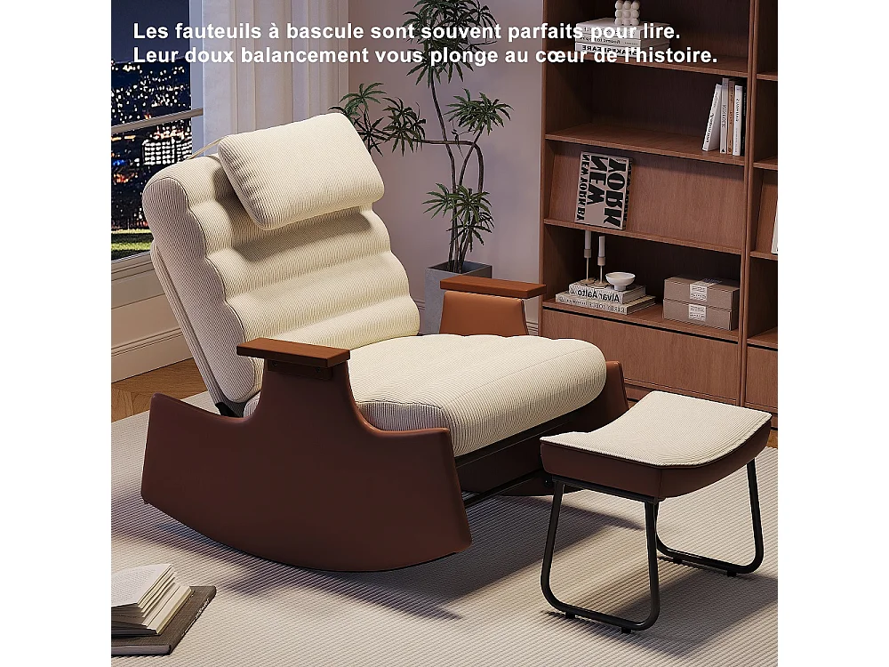 Chaise à bascule Mid-Century - avec appuie-pieds ottoman - dossier inclinable à 3 positions réglable - Corduroy