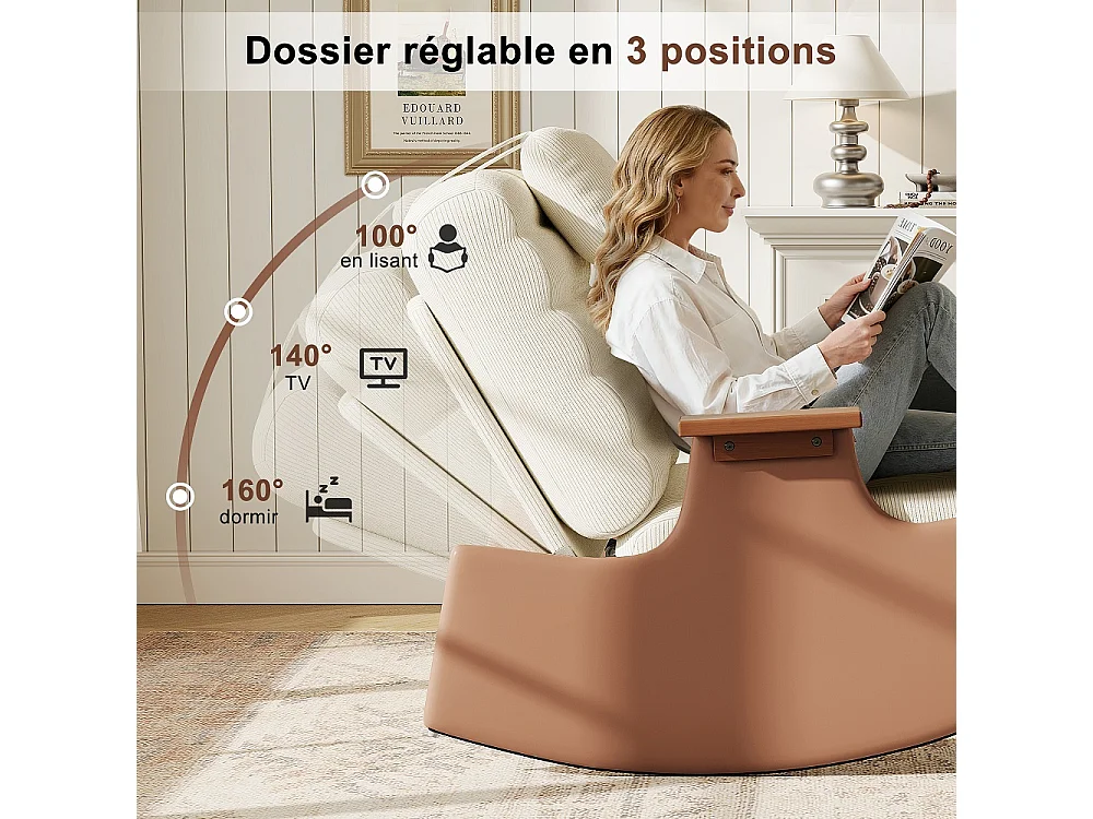 Chaise à bascule Mid-Century - avec appuie-pieds ottoman - dossier inclinable à 3 positions réglable - Corduroy