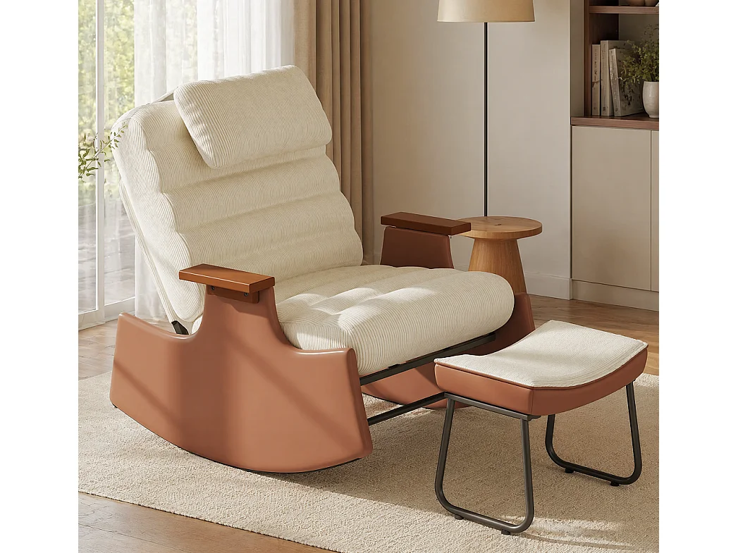 Chaise à bascule Mid-Century - avec appuie-pieds ottoman - dossier inclinable à 3 positions réglable - Corduroy