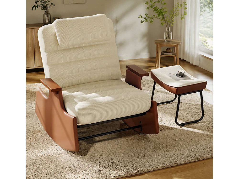Chaise à bascule Mid-Century - avec appuie-pieds ottoman - dossier inclinable à 3 positions réglable - Corduroy
