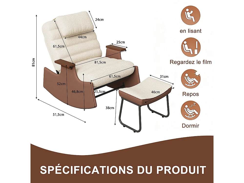 Chaise à bascule Mid-Century - avec appuie-pieds ottoman - dossier inclinable à 3 positions réglable - Fleece