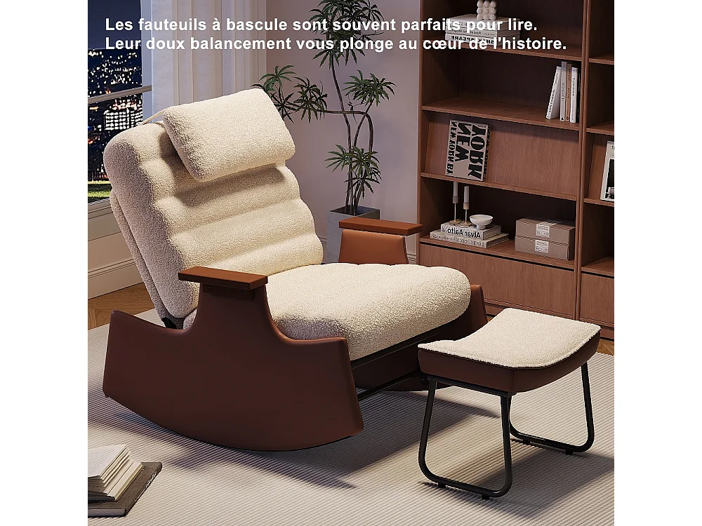 Chaise à bascule Mid-Century - avec appuie-pieds ottoman - dossier inclinable à 3 positions réglable - Fleece