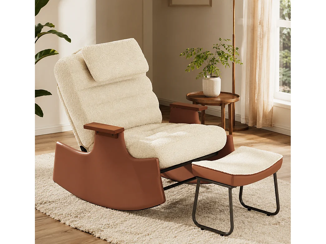 Chaise à bascule Mid-Century - avec appuie-pieds ottoman - dossier inclinable à 3 positions réglable - Fleece