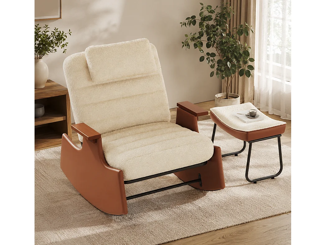 Chaise à bascule Mid-Century - avec appuie-pieds ottoman - dossier inclinable à 3 positions réglable - Fleece