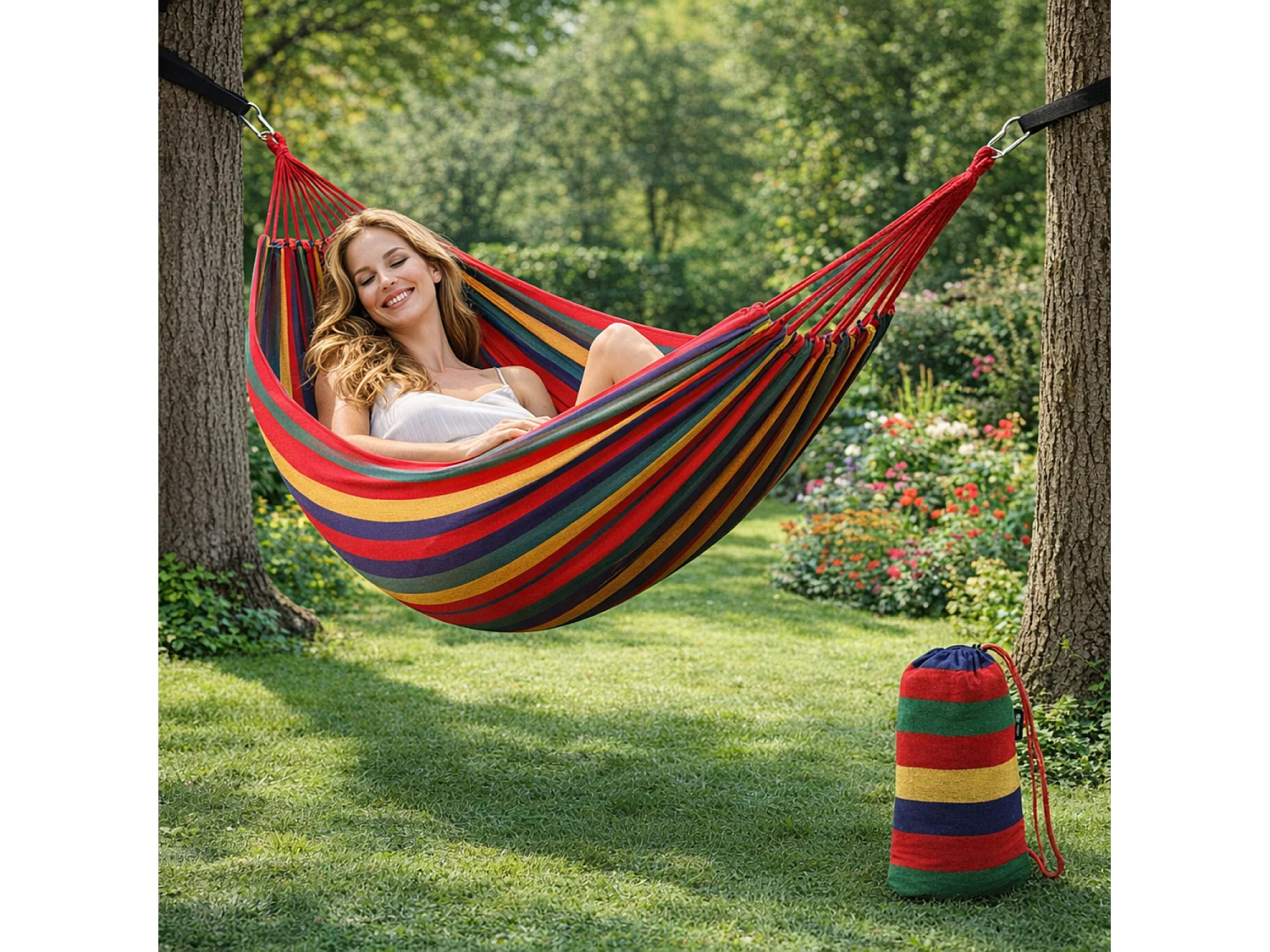Amaca Da Esterno E Giardino Con Custodia Trasporto Cinghie E Moschettoni Inclusi Design Anti Caduta In Cotone Resistente Portata 300 Kg 270 x 150 Cm Rosso