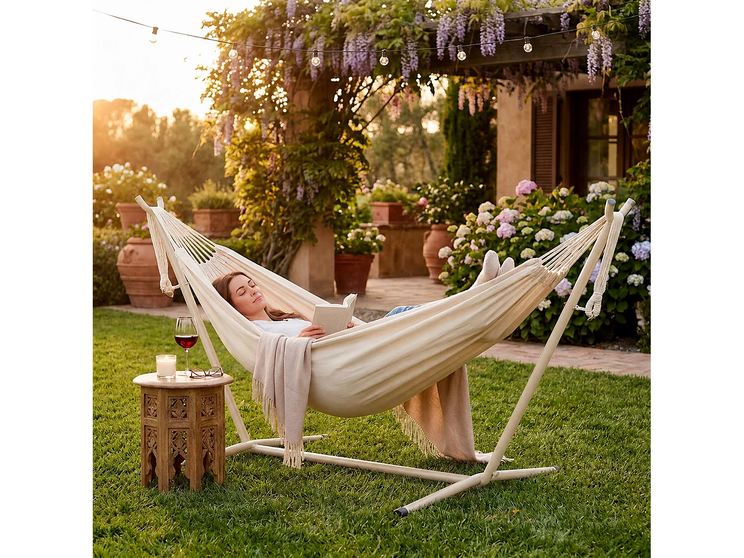 Amaca Da Esterno Giardino Con Supporto In Acciaio Beige Portata 200 Kg Altezza Regolabile Telo Cotone Resistente Per Terrazzo E Giardino 265 x 110 x 100 Cm Beige