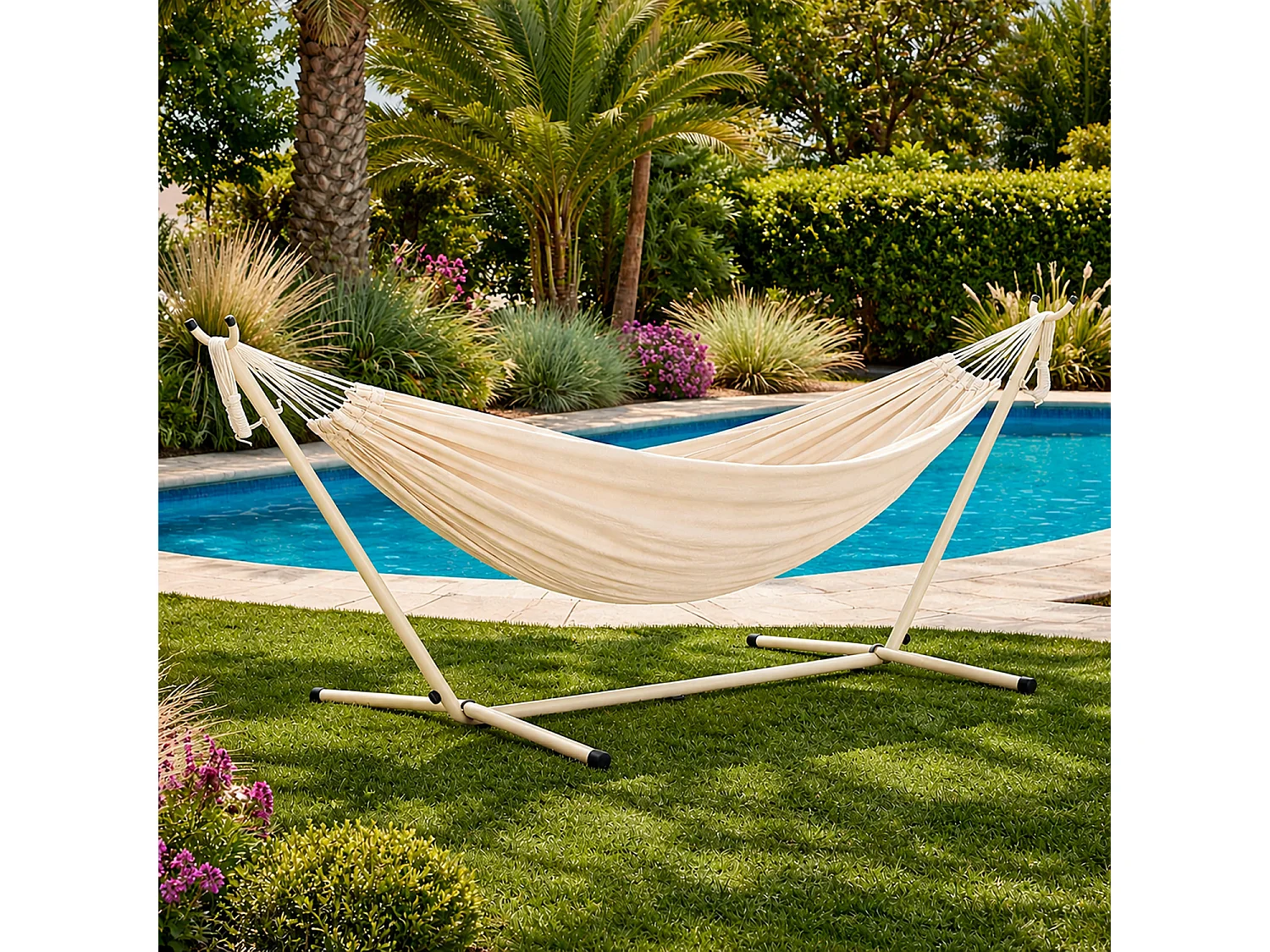 Amaca Da Esterno Giardino Con Supporto In Acciaio Beige Portata 200 Kg Altezza Regolabile Telo Cotone Resistente Per Terrazzo E Giardino 265 x 110 x 100 Cm Beige