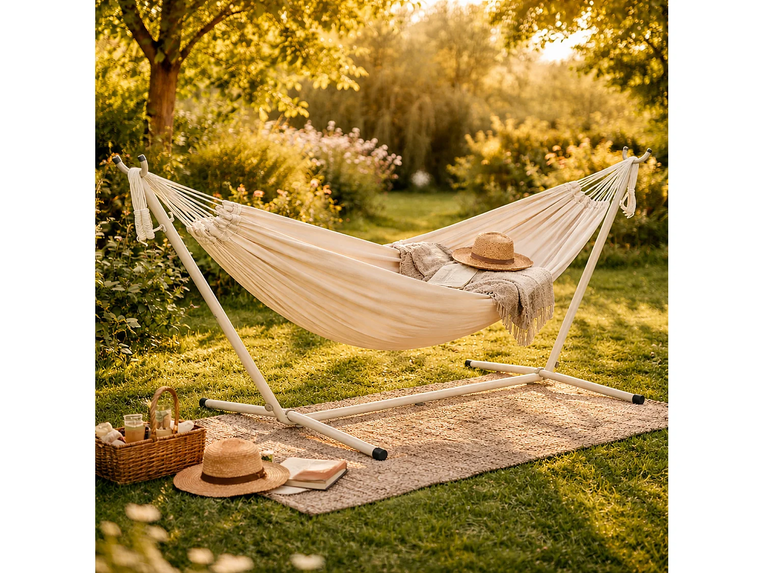 Amaca Da Esterno Giardino Con Supporto In Acciaio Beige Portata 200 Kg Altezza Regolabile Telo Cotone Resistente Per Terrazzo E Giardino 265 x 110 x 100 Cm Beige