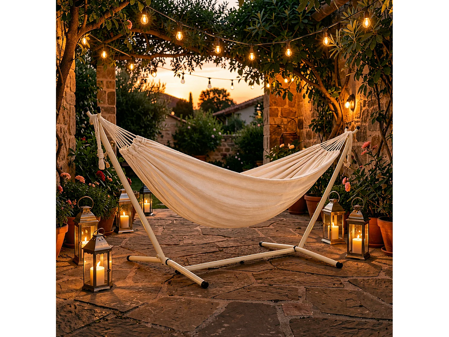 Amaca Da Esterno Giardino Con Supporto In Acciaio Beige Portata 200 Kg Altezza Regolabile Telo Cotone Resistente Per Terrazzo E Giardino 265 x 110 x 100 Cm Beige