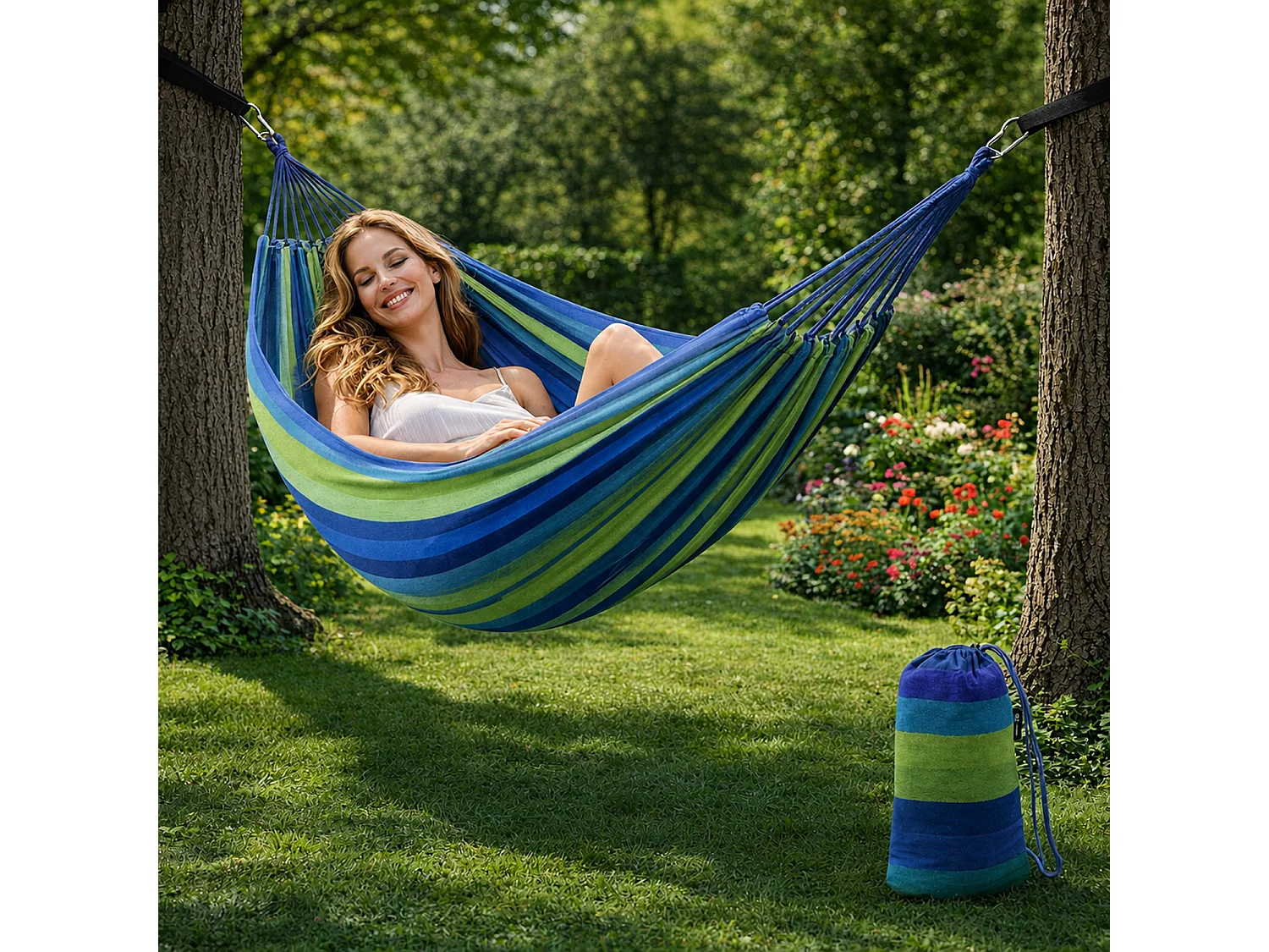 Amaca Per Relax Giardino E Campeggio Con Borsa Trasporto Cinghie E Moschettoni Inclusi Sistema Anti Ribaltamento Cotone Resistente Portata 300 Kg 270 x 150 Cm Blu