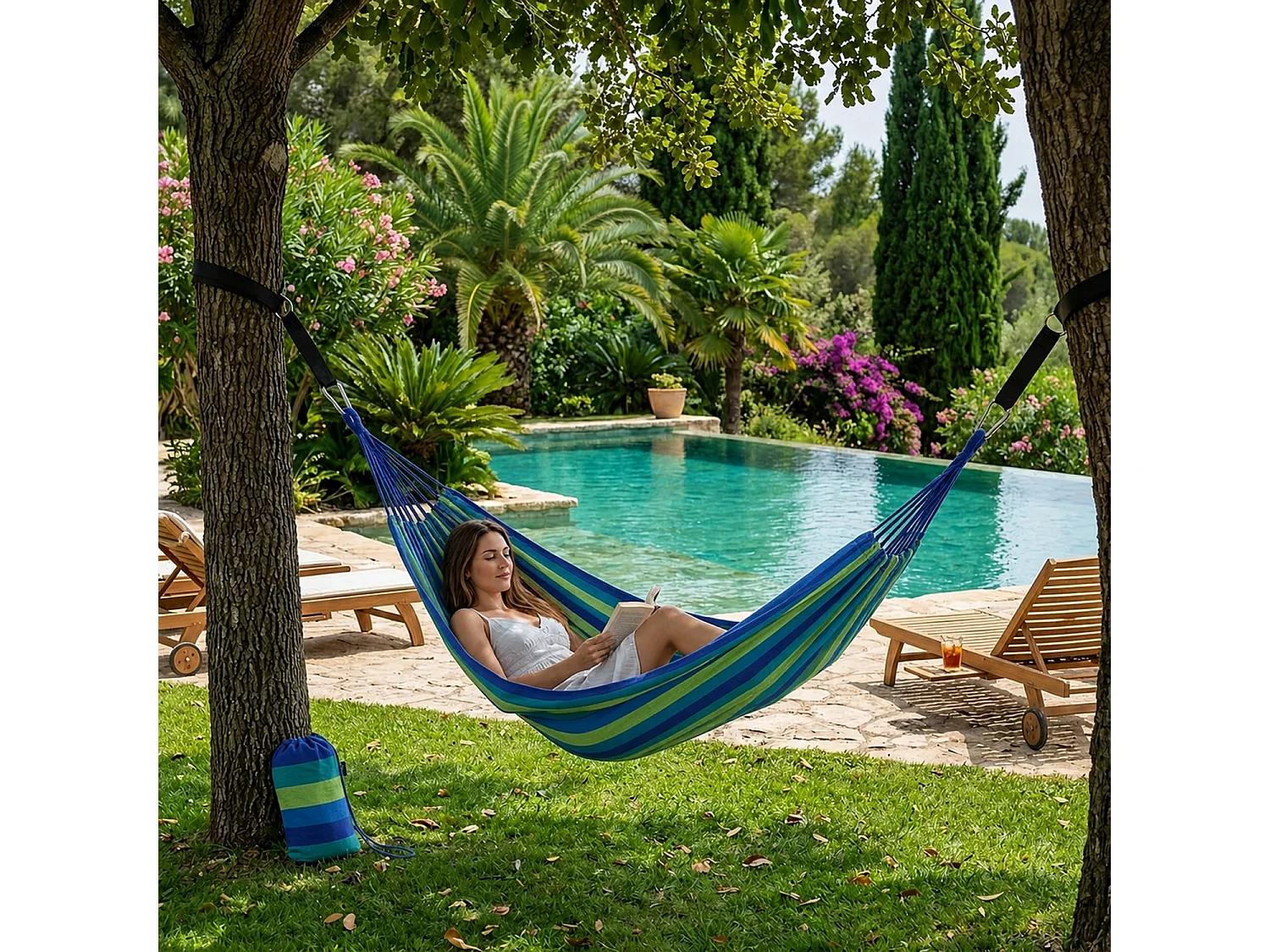 Amaca Per Relax Giardino E Campeggio Con Borsa Trasporto Cinghie E Moschettoni Inclusi Sistema Anti Ribaltamento Cotone Resistente Portata 300 Kg 270 x 150 Cm Blu