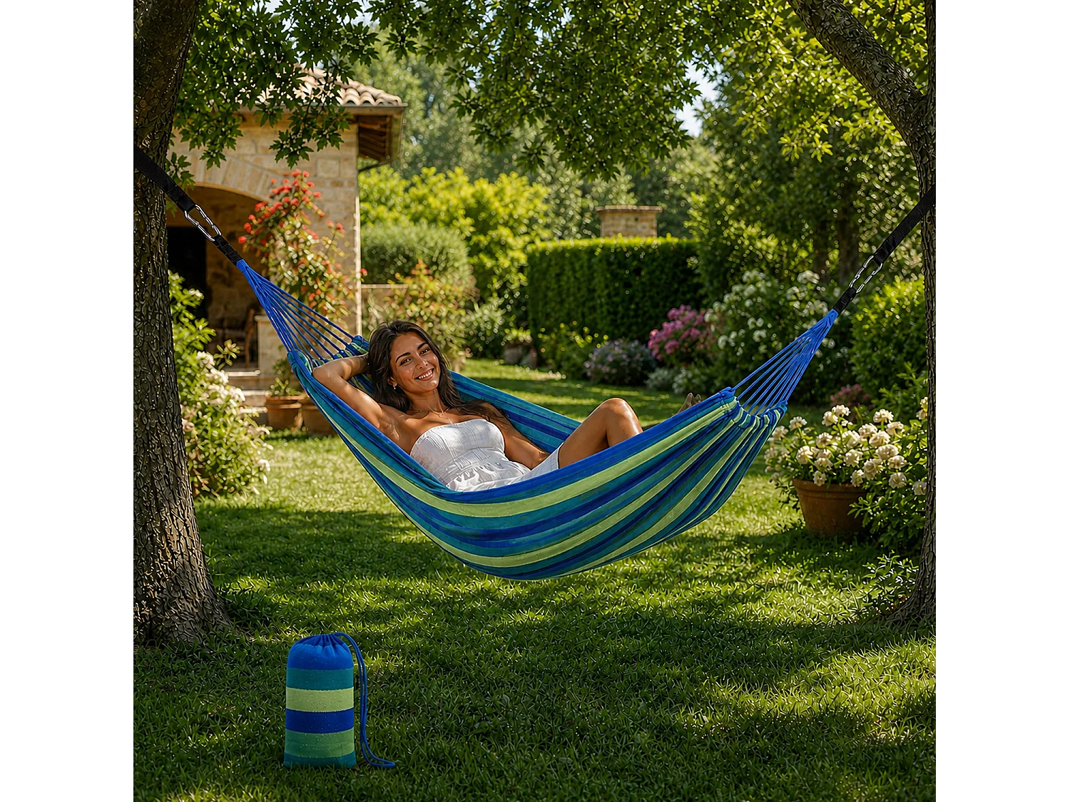 Amaca Per Relax Giardino E Campeggio Con Borsa Trasporto Cinghie E Moschettoni Inclusi Sistema Anti Ribaltamento Cotone Resistente Portata 300 Kg 270 x 150 Cm Blu
