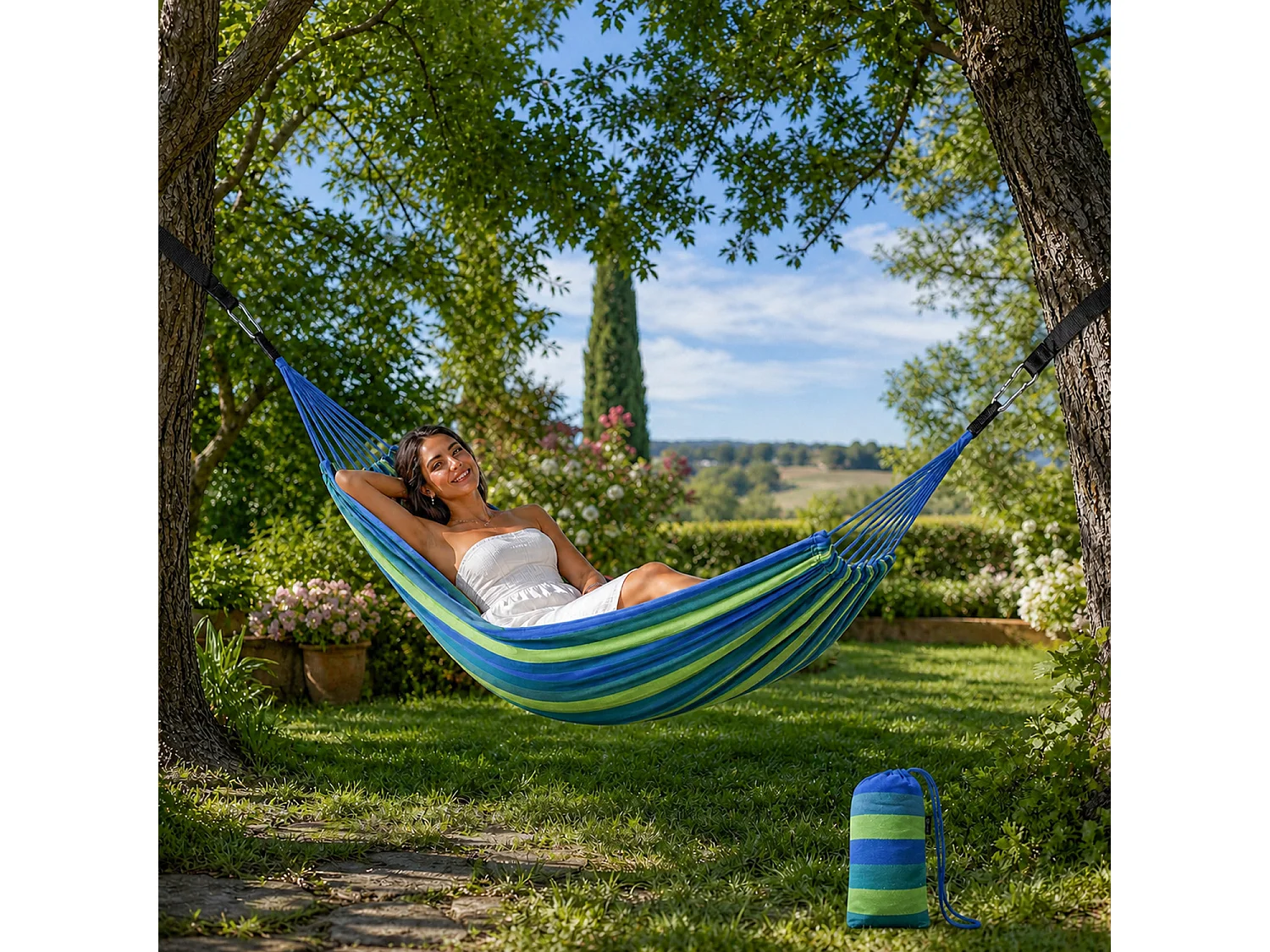 Amaca Per Relax Giardino E Campeggio Con Borsa Trasporto Cinghie E Moschettoni Inclusi Sistema Anti Ribaltamento Cotone Resistente Portata 300 Kg 270 x 150 Cm Blu