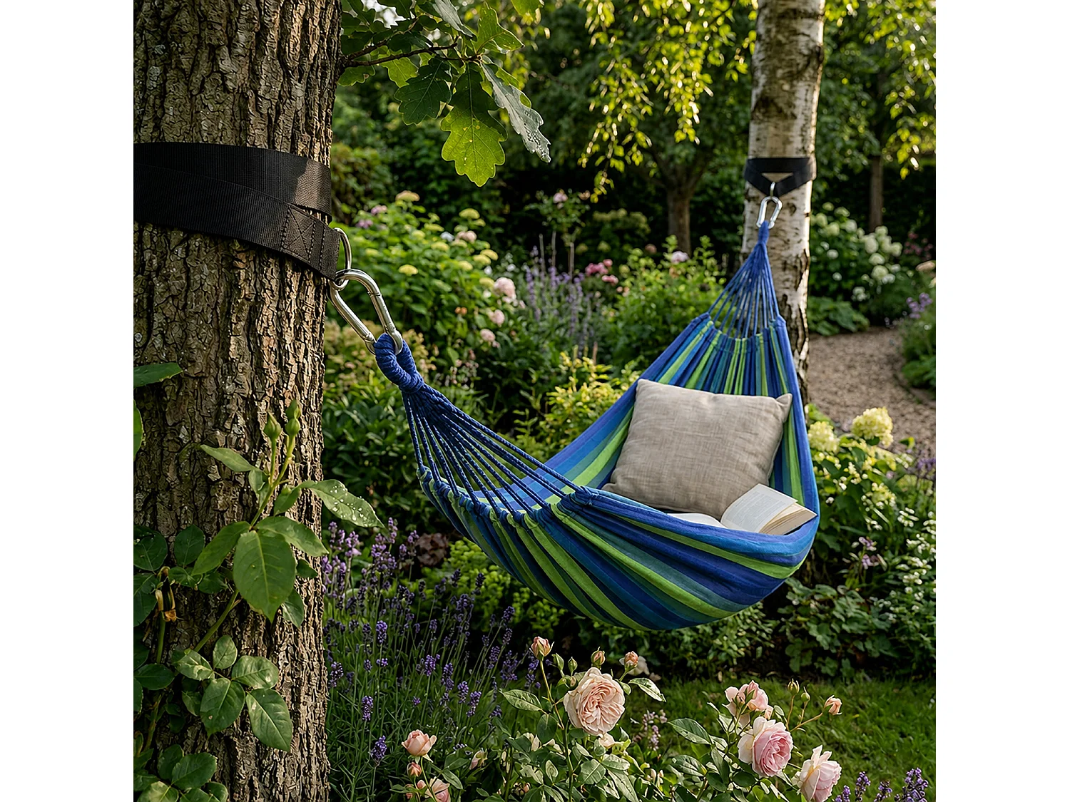 Amaca Per Relax Giardino E Campeggio Con Borsa Trasporto Cinghie E Moschettoni Inclusi Sistema Anti Ribaltamento Cotone Resistente Portata 300 Kg 270 x 150 Cm Blu