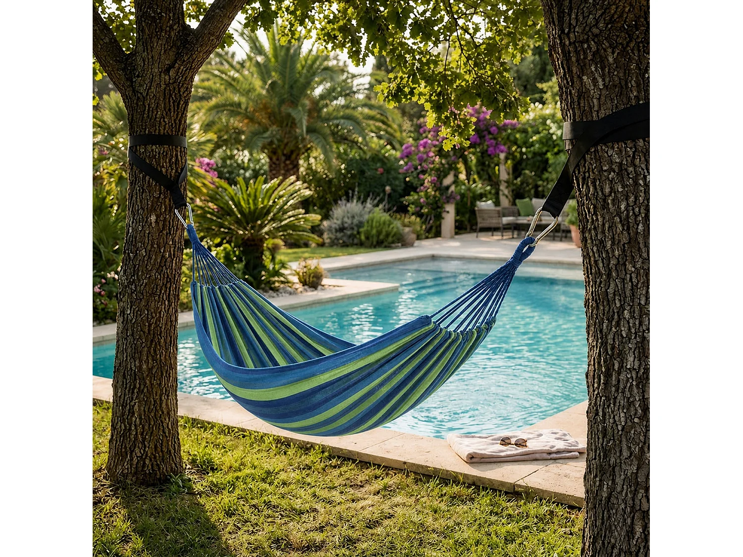 Amaca Per Relax Giardino E Campeggio Con Borsa Trasporto Cinghie E Moschettoni Inclusi Sistema Anti Ribaltamento Cotone Resistente Portata 300 Kg 270 x 150 Cm Blu