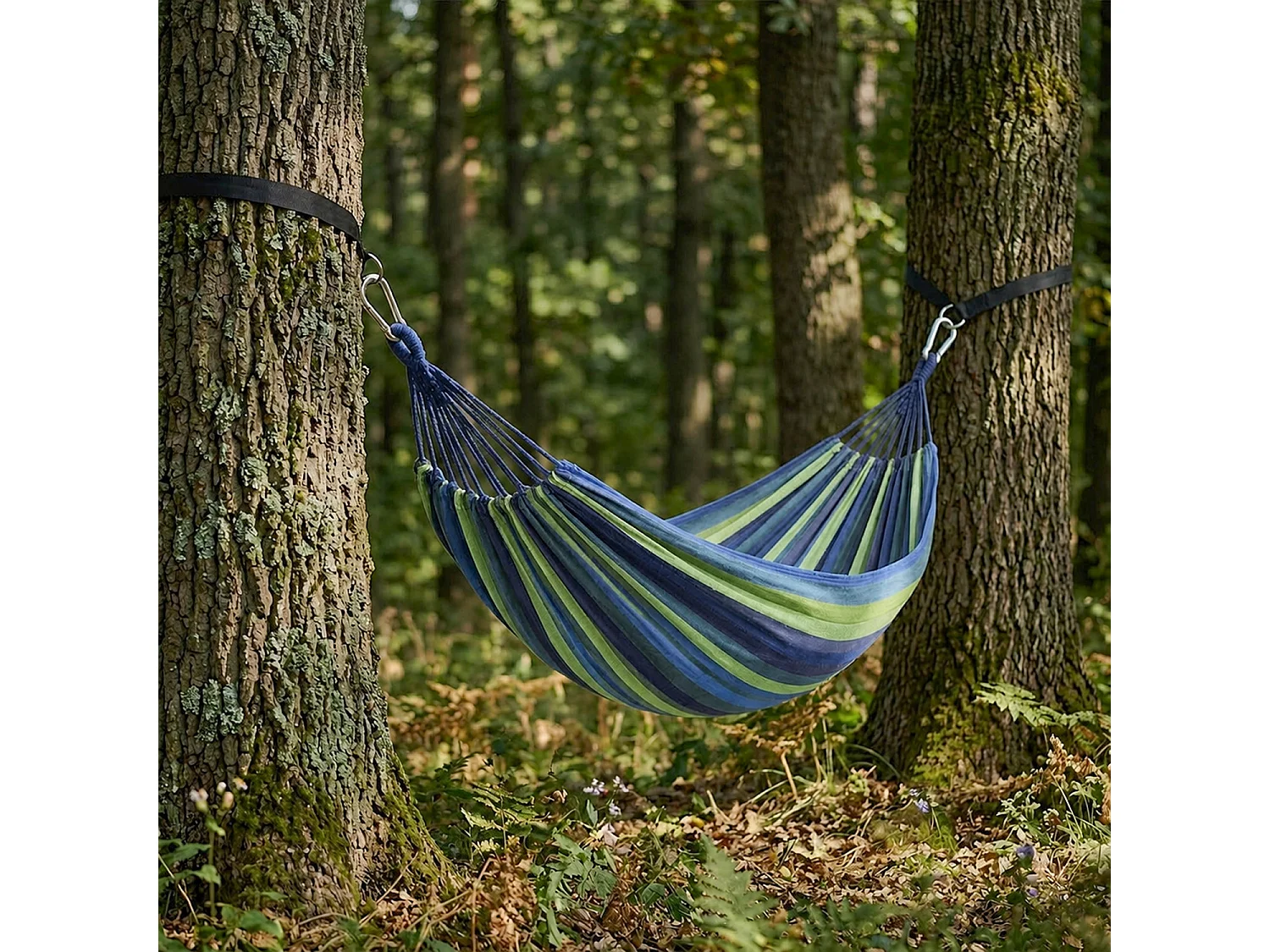 Amaca Per Relax Giardino E Campeggio Con Borsa Trasporto Cinghie E Moschettoni Inclusi Sistema Anti Ribaltamento Cotone Resistente Portata 300 Kg 270 x 150 Cm Blu