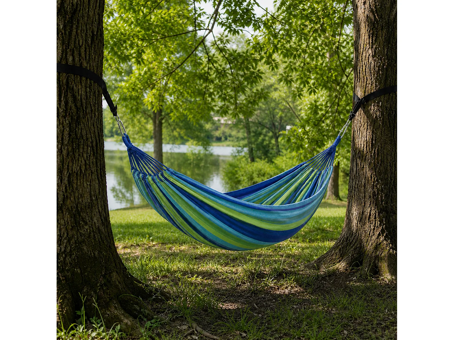 Amaca Per Relax Giardino E Campeggio Con Borsa Trasporto Cinghie E Moschettoni Inclusi Sistema Anti Ribaltamento Cotone Resistente Portata 300 Kg 270 x 150 Cm Blu