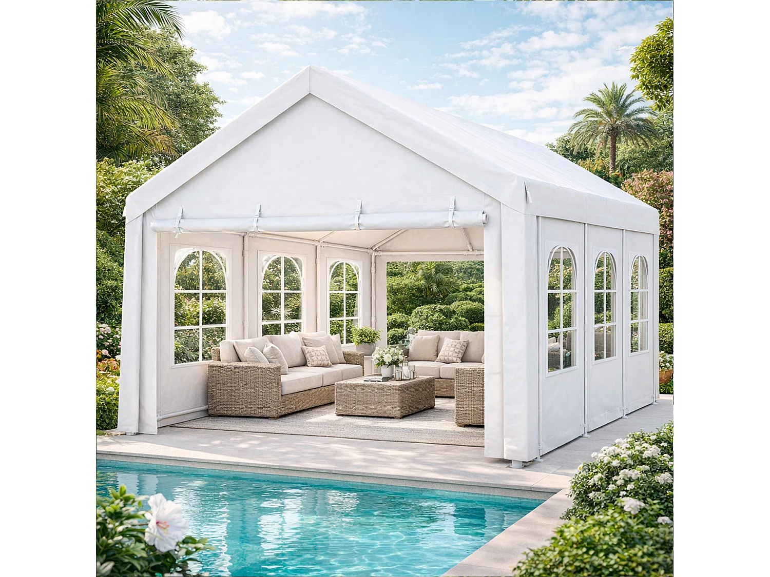 Gazebo Da Giardino 6x4 Metri Con Struttura In Pannelli Laterali Modulabili E Finestre Trasparenti Per Eventi Feste Catering 6 x 4 x 3.15 Metri Bianco