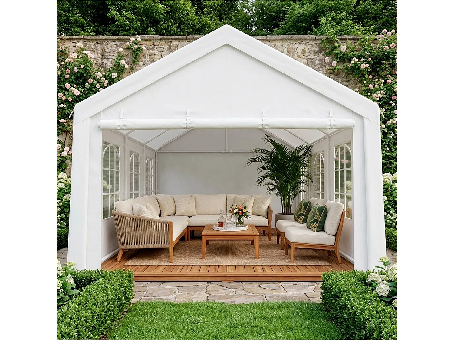 Gazebo Da Giardino 6x4 Metri Con Struttura In Pannelli Laterali Modulabili E Finestre Trasparenti Per Eventi Feste Catering 6 x 4 x 3.15 Metri Bianco