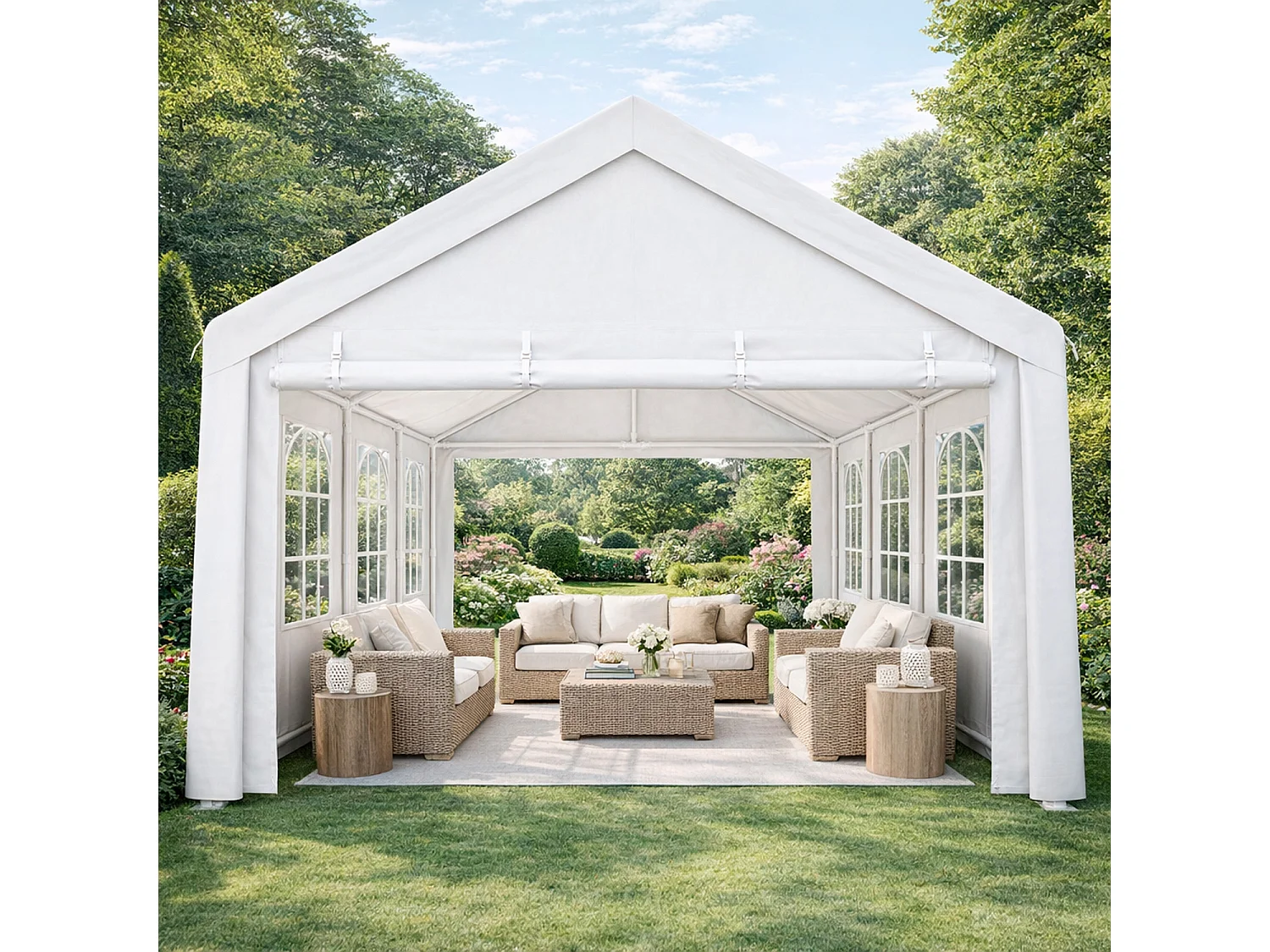Gazebo Da Giardino 6x4 Metri Con Struttura In Pannelli Laterali Modulabili E Finestre Trasparenti Per Eventi Feste Catering 6 x 4 x 3.15 Metri Bianco