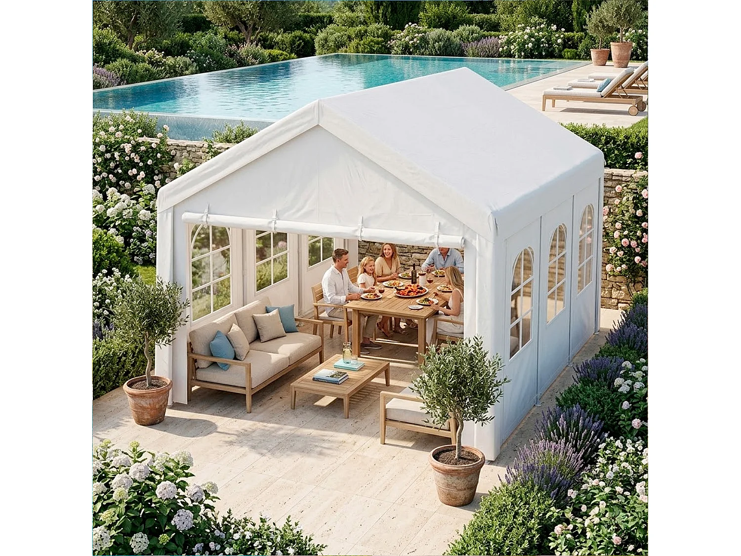 Gazebo Da Giardino 6x4 Metri Con Struttura In Pannelli Laterali Modulabili E Finestre Trasparenti Per Eventi Feste Catering 6 x 4 x 3.15 Metri Bianco